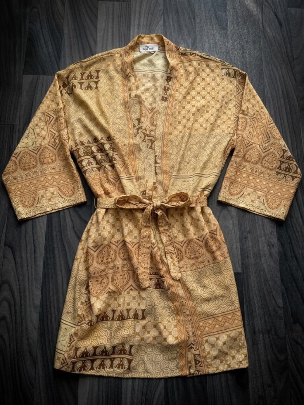 Silk Sari Kimono Robe Metallic Gold Shimmer Paisley Boho One Size